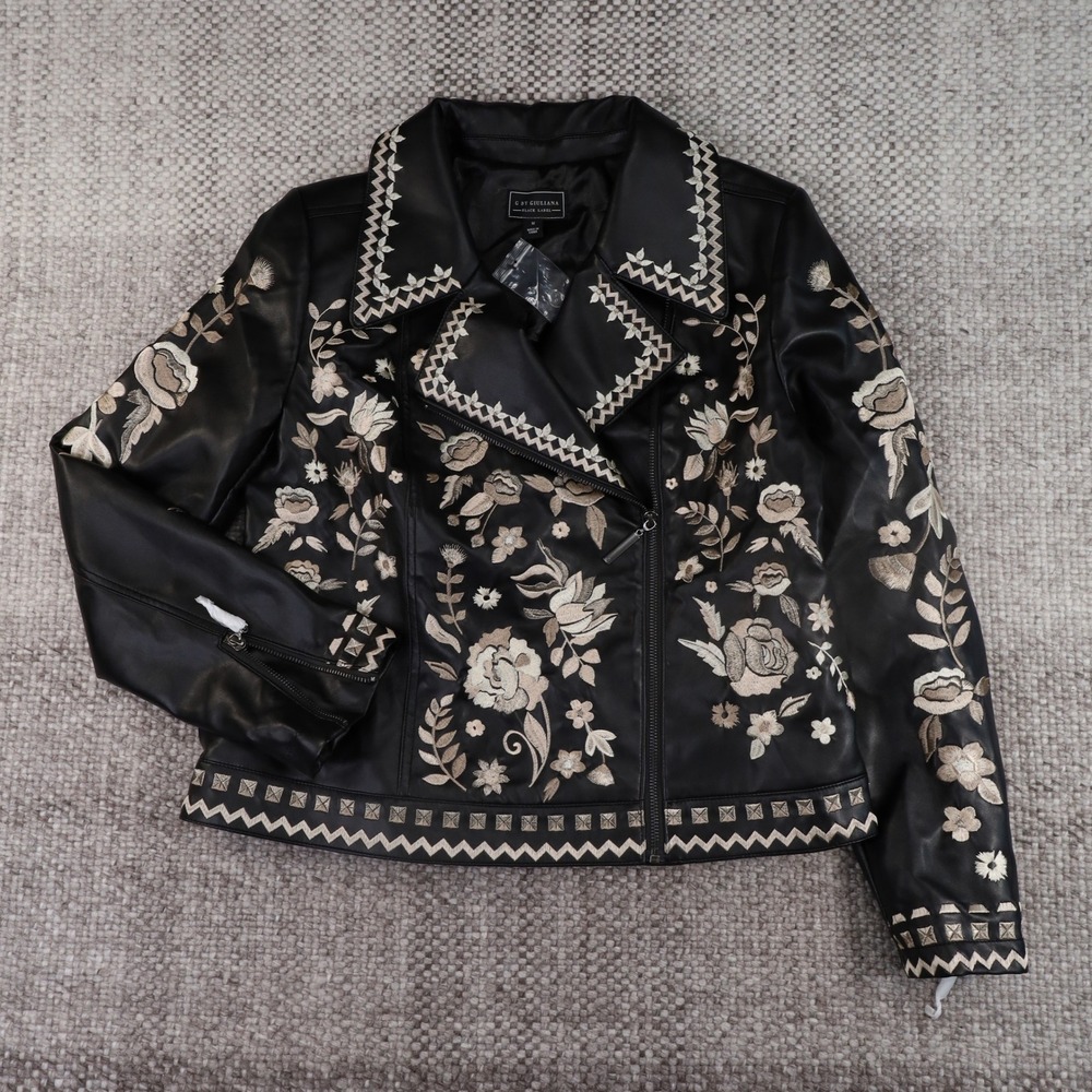 G by Giuliana Moto Jacket Womens M Black Floral Embroidered Faux Leather NEW NWT